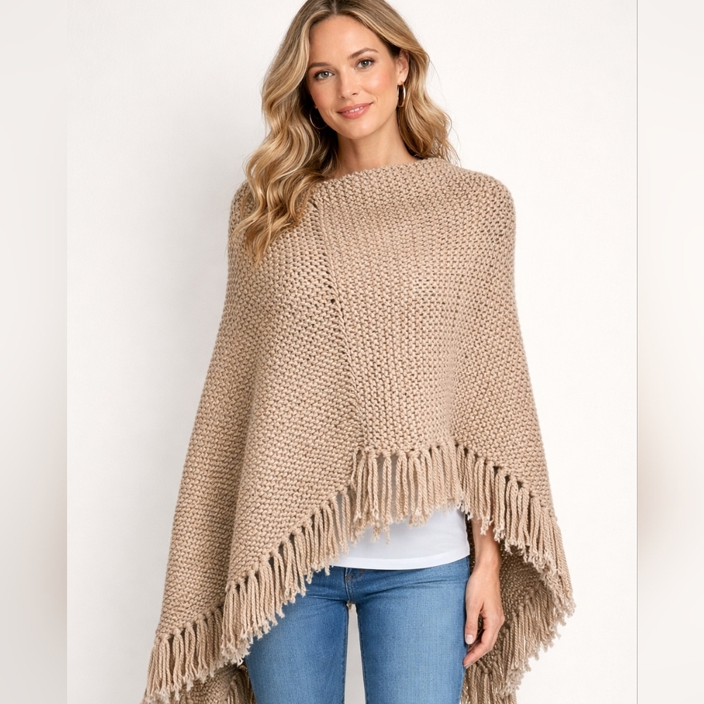 Tan Knit Cape With Fringe Border, Asymetrical, Mock Neck, Small